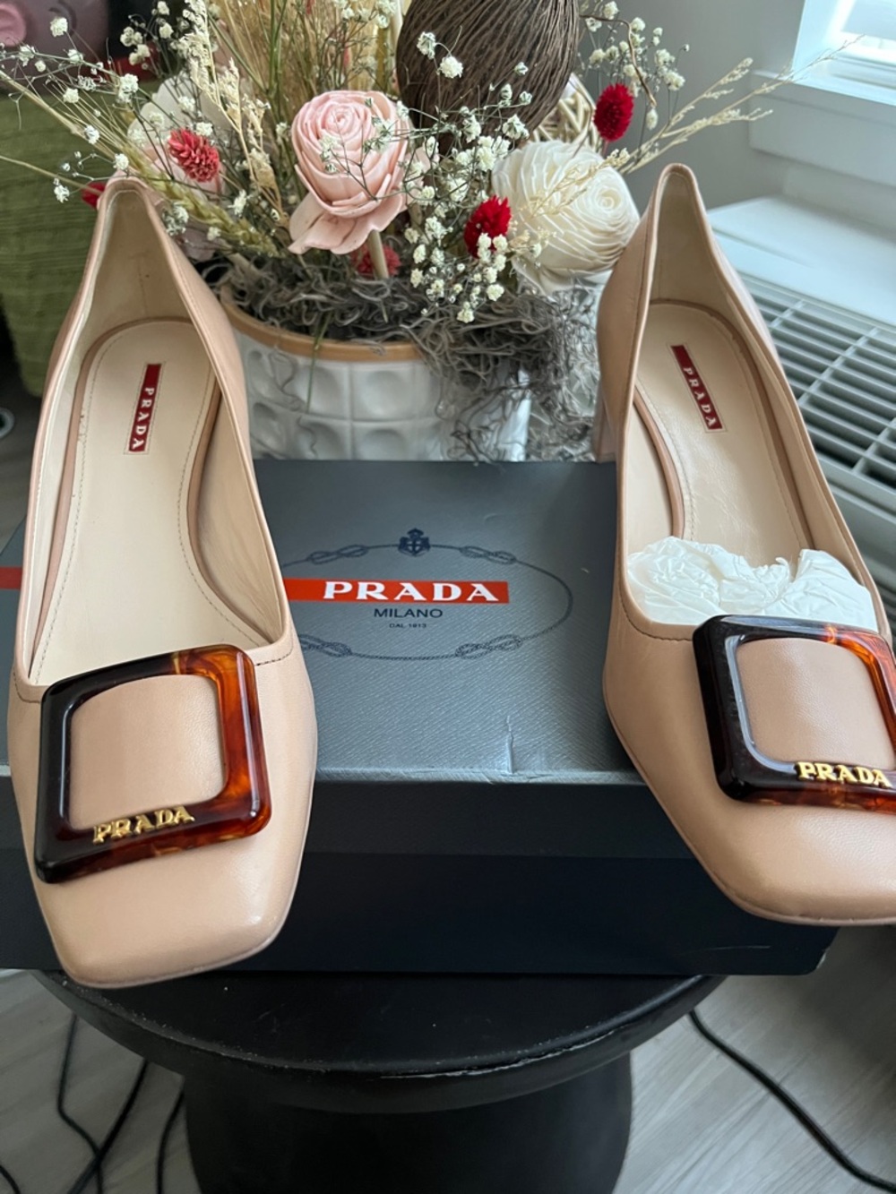 Prada Blush Leather Square-Toe Pumps with Tortoiseshell Buckle